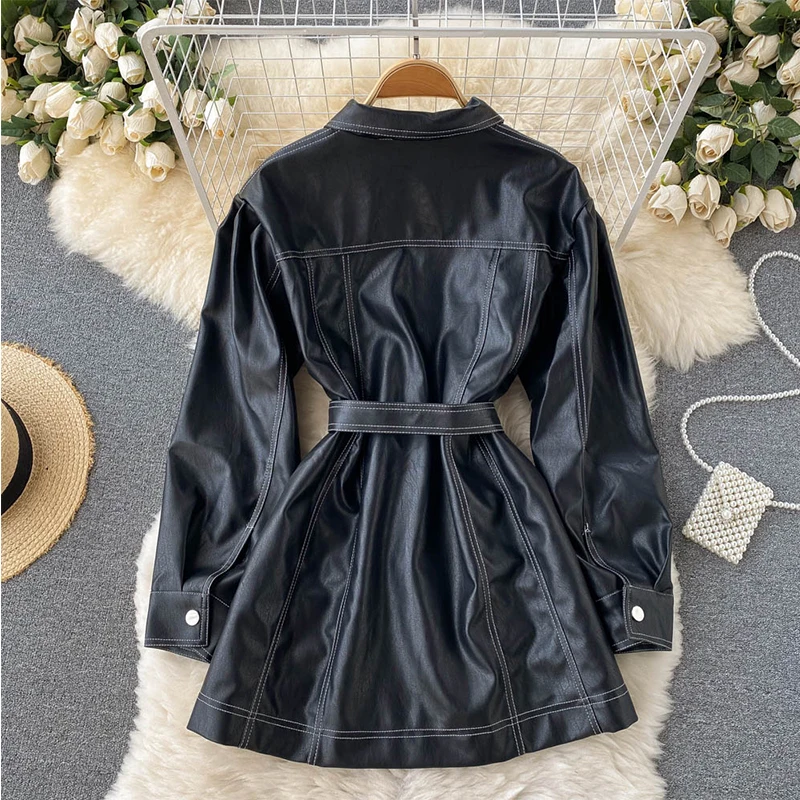 Fitaylor New Spring Autumn Faux Leather Jacket Women Fashion Single Breasted Long Sleeve Pu Dress with Belt Black Coat | Женская одежда