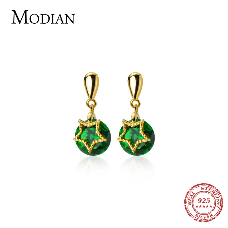 

MODIAN Green Crystal Gold Color Star Dangle Earring for Women Real 925 Sterling Silver Water-Shaped Drop Earring Fine Jewelry