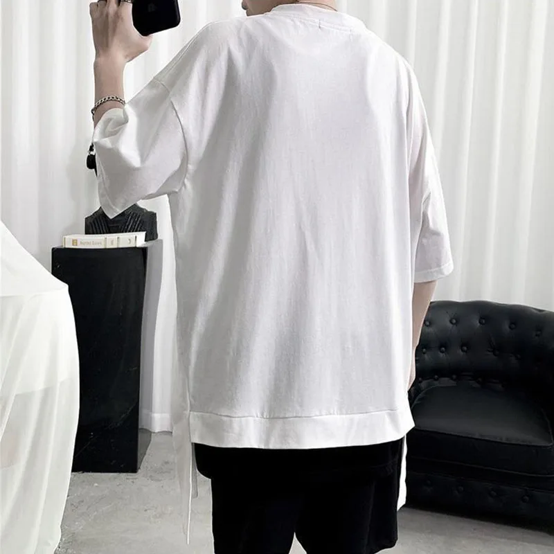 

Summer Men;s T Shirt Solid Fake Two Pieces Split Short Sleeve O Neck Casual Harajuku Korean Style Cotton Loose Simple Tops