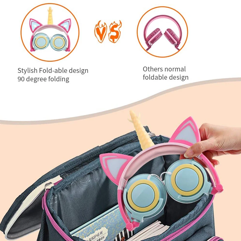 Наушники кошачьи уши с единорогом для девочек гарнитура со светодиодсветильник