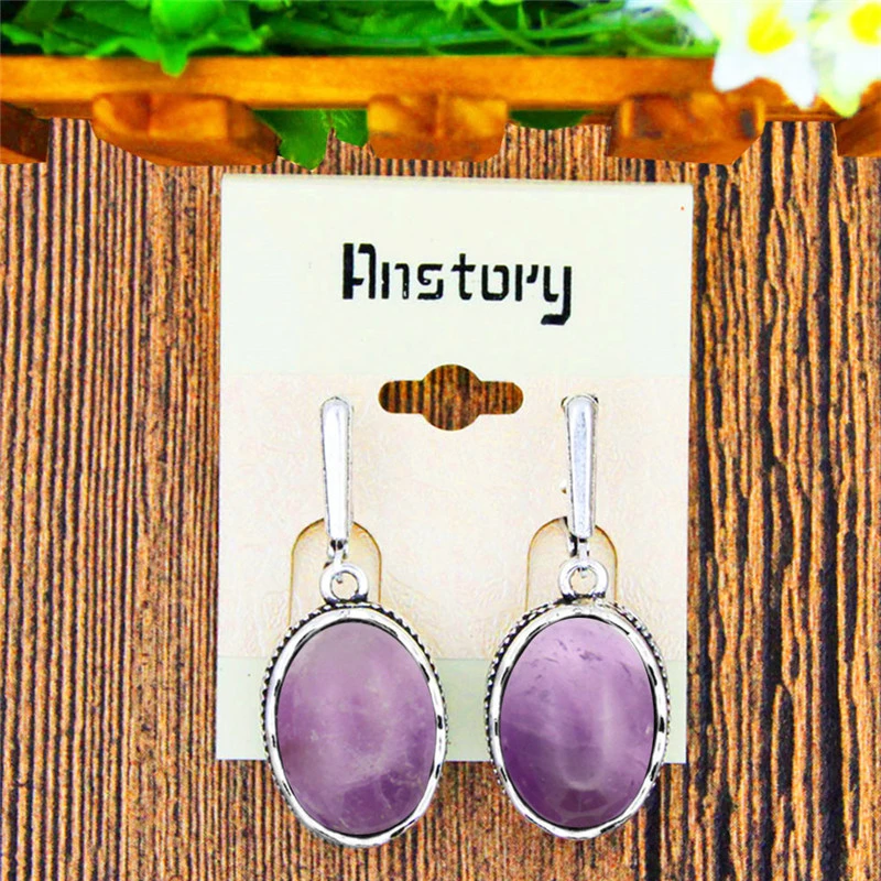 Овальный Природный Фиолетовый Камень Цепочки и ожерелья Серьги комплект