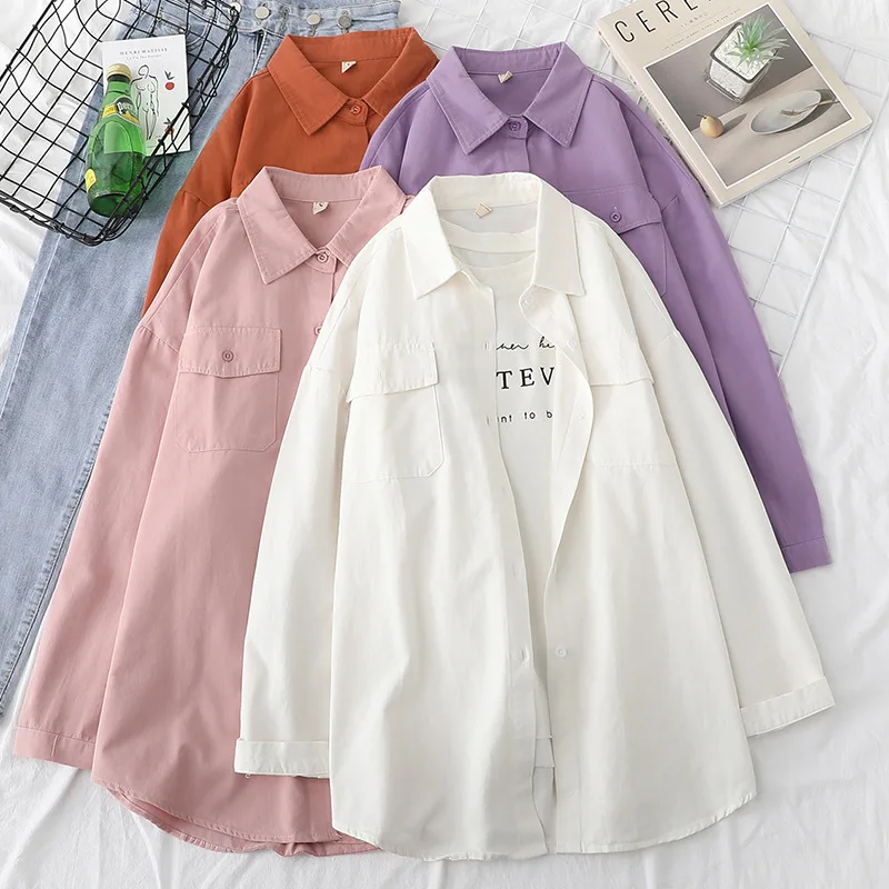 

2020 Autumn New Cotton Shirt Women Loose Korean Style Double Pocket All-match Shirt Retro Hong Kong Flavor Loose Coat button up