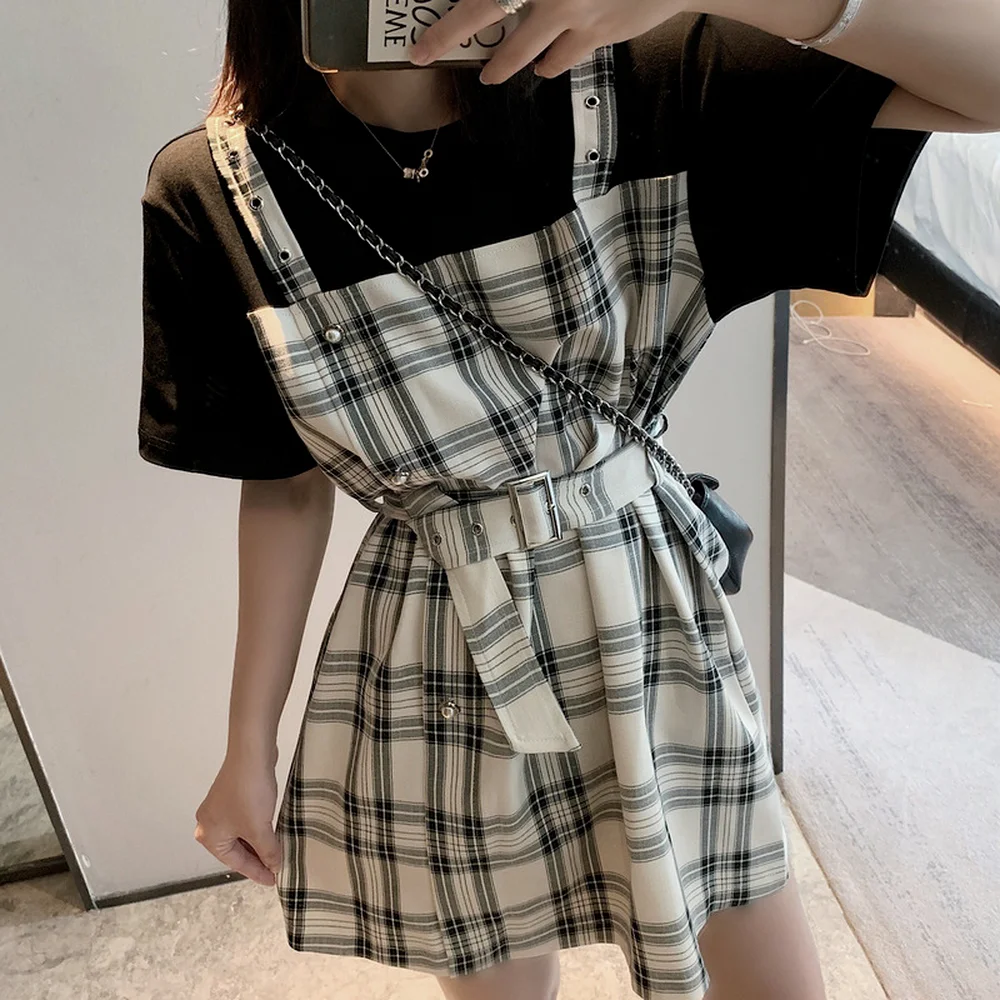 

Summer Office Beach Shirt Stitched Plaid Lace Dress Women's Lovely Dresses Ins Chic Kawaii Girl Sweet Harajuku Clothes For Women