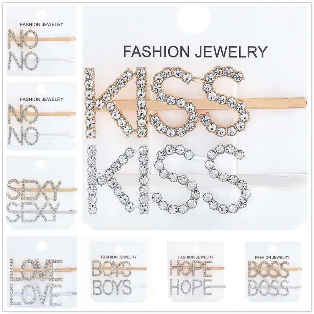 2pcs/lotMetal word clip rhinestone hairpin alphabet English custom diamond smiley side simple bangs hair accessories | Украшения и