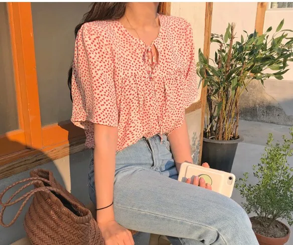 

New plus size Red Girls short Sleeve Summer Shirt Floral bow collar Shirts Womens Tops Blouses Print red Blouse Women Top femme