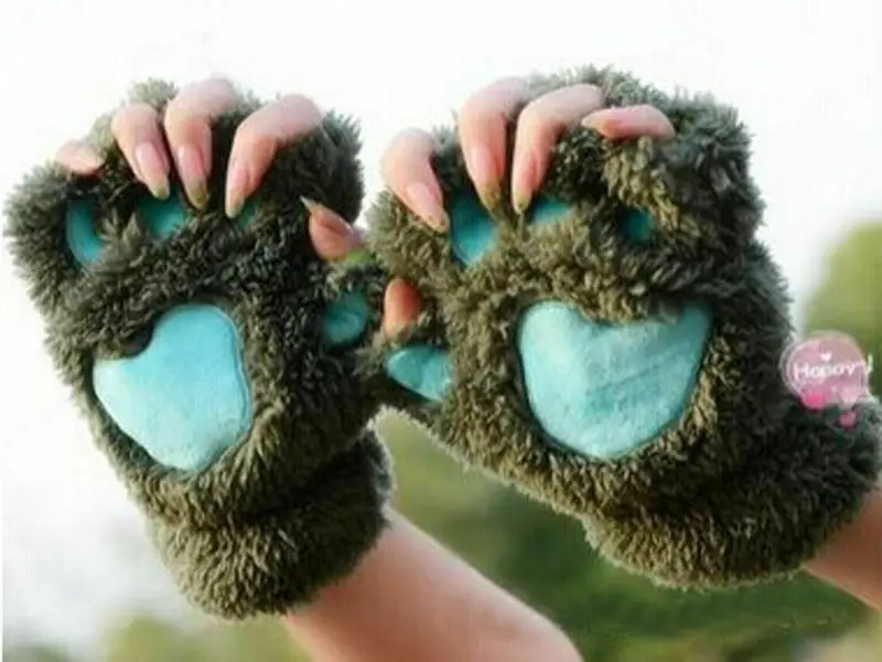 

New Women Bear Cat Claw Paw Mitten Plush Glove Costume Warm Winter Half Finger Gloves