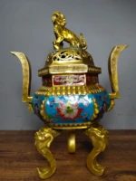 11 tibet buddhism temple old bronze cloisonne dragon head three legged gluttonous pattern double ear lion cover incense burner