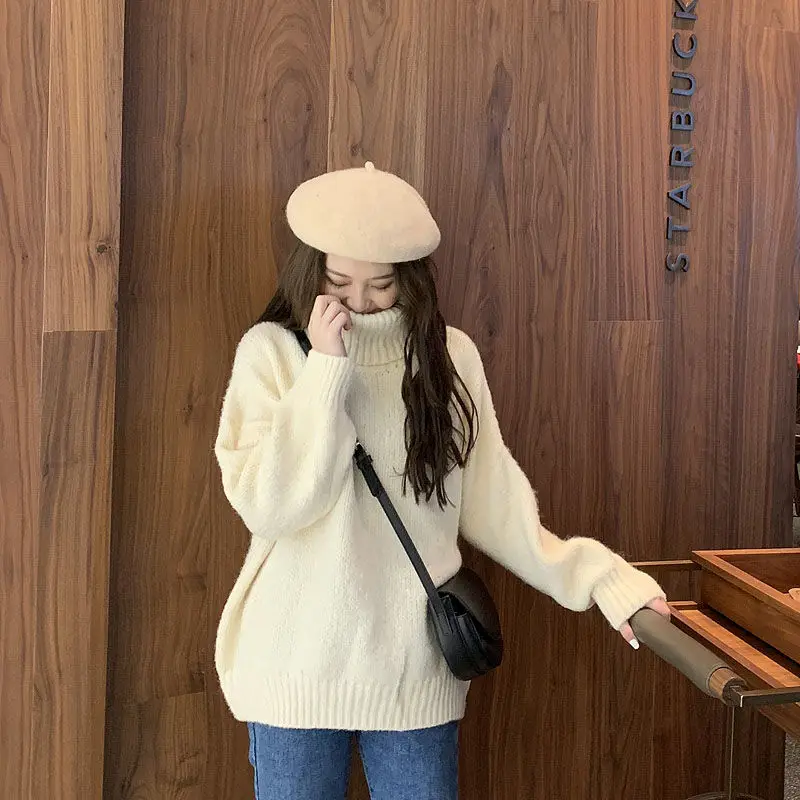 

Thickened high neck sweater female students' autumn and winter loose solid color knitted bottoming shirt versatile top