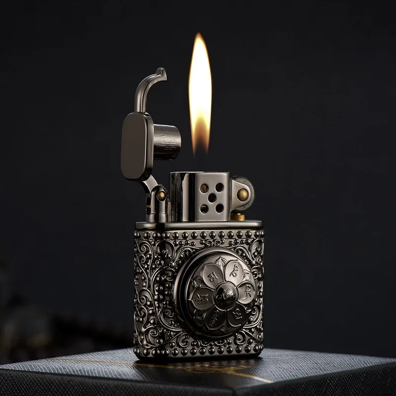 

Six-character Mantra Turntable Black Ice Old Nine Door Kerosene Lighter Pure Copper Business Souvenir Smoke Accessories for Weed