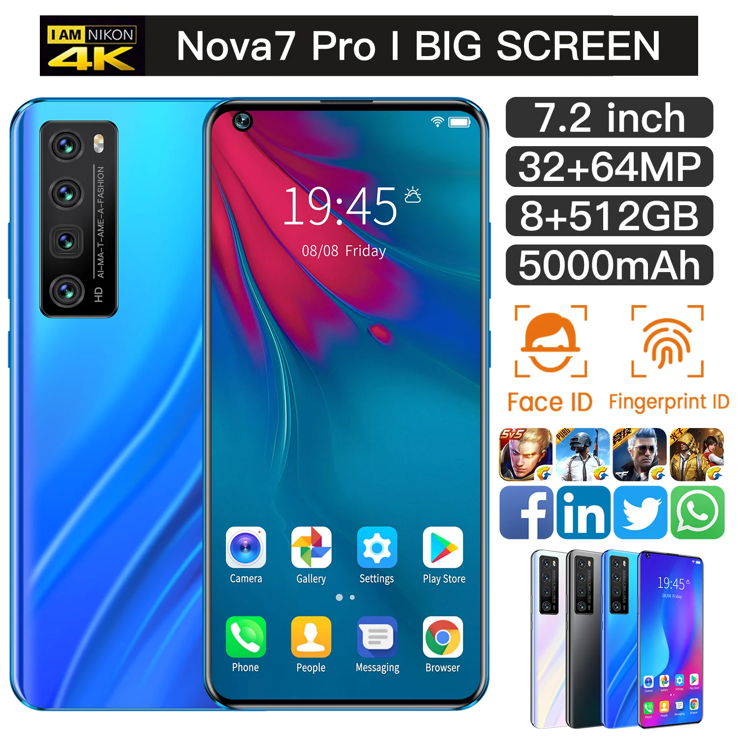 

Global Version Smartphone Nove7 Pro 6.8Inch 4G 5G Android10 Deca Core 5000mah 32MP+64MP 12GB+512GB MTK6899 Teléfonos Celulares