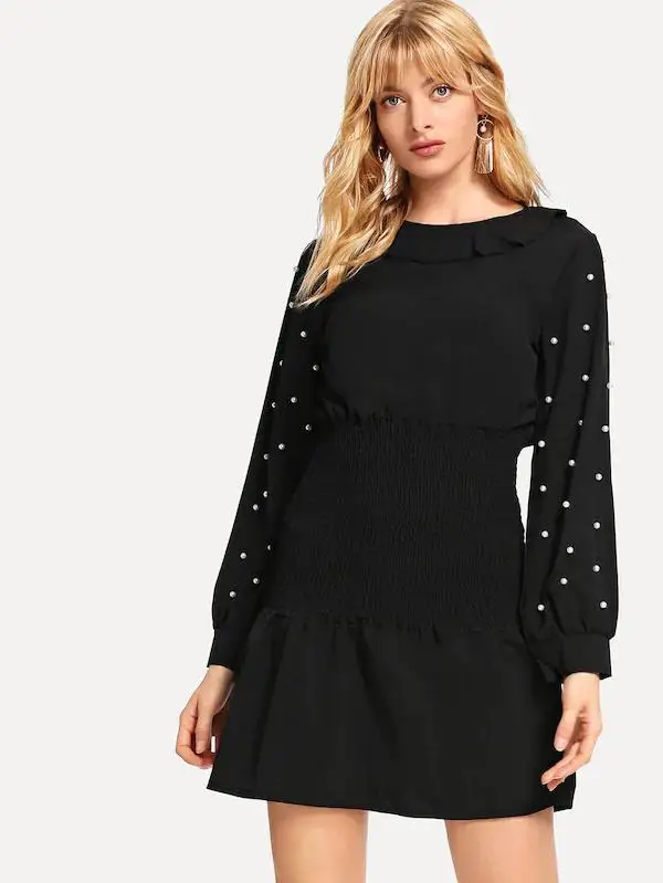 Платье с длинным рукавом и бусинами круглым вырезом узкой талией V155 новый дизайн