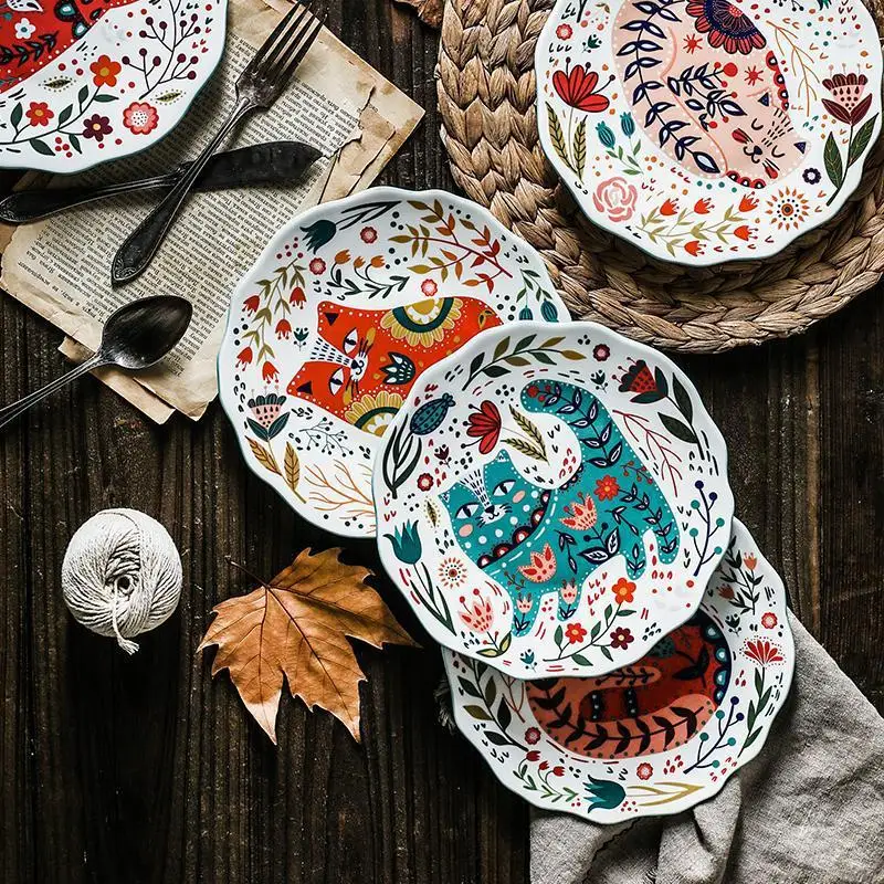 

8 Inch Ceramic Dinner Plates Creative Hand-painted Cat Dessert Cake Serving Tray Rice Bowl Steak Plate Flower Kitten Dinnerware