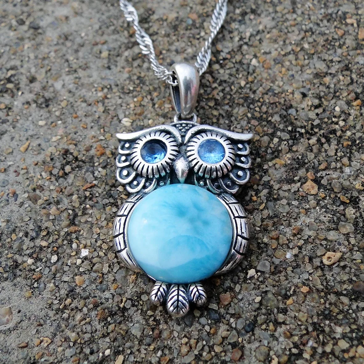 

Silver Women Jewelry Antique Silver Jewelry Ocean Blue Natural Larimar Owl Pendant Necklace in 925 Sterling Silver Gift