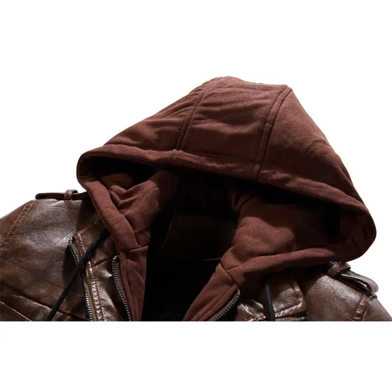 Мужская куртка из искусственной кожи зимняя в стиле панк с капюшоном однотонное