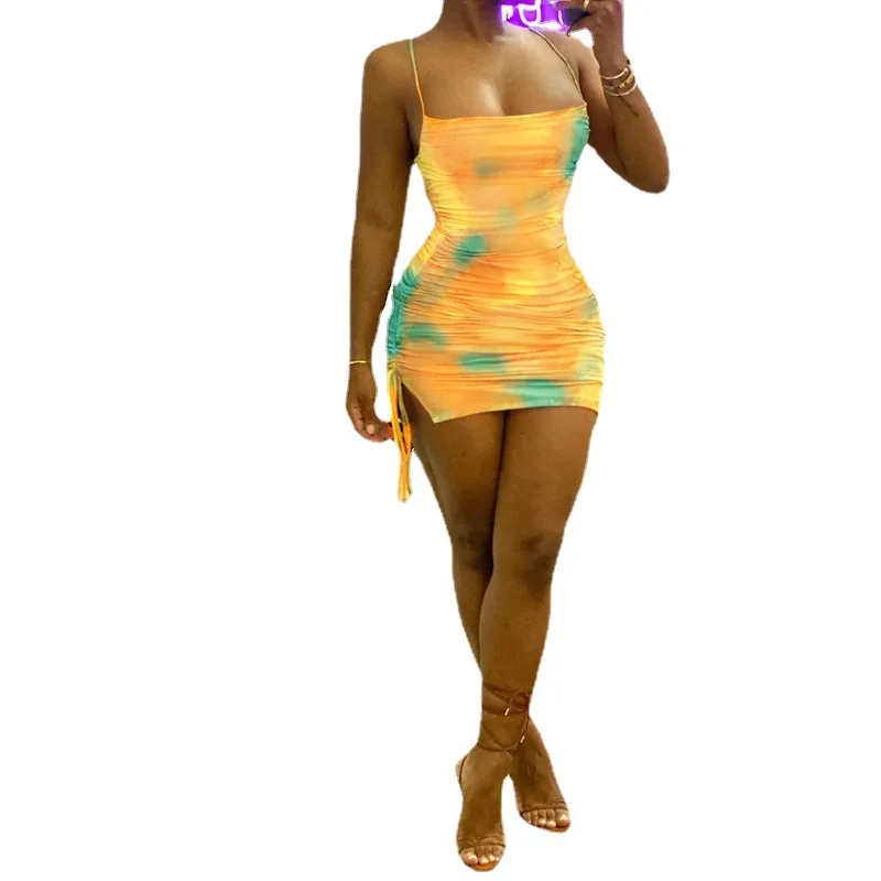 

Yellow Dyed Print Dress European and American Style Slim Mini Skirt Sexy Fork Cord Wrap Hip Skirt Dresses for Women