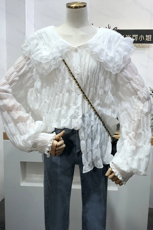 

2021 Spring New Korean Style Pleated Lace Design Cute Doll Collar White Blouses Women Loose Lantern Sleeve Woman Shirts Trendy