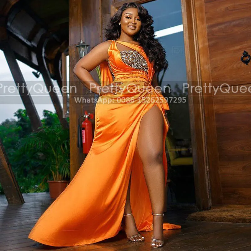 

Sexy High Split Orange Prom Dresses With Crystal Beads Streamer Mermaid One Shoulder Plus Size Women Long Celebrity Dress Party
