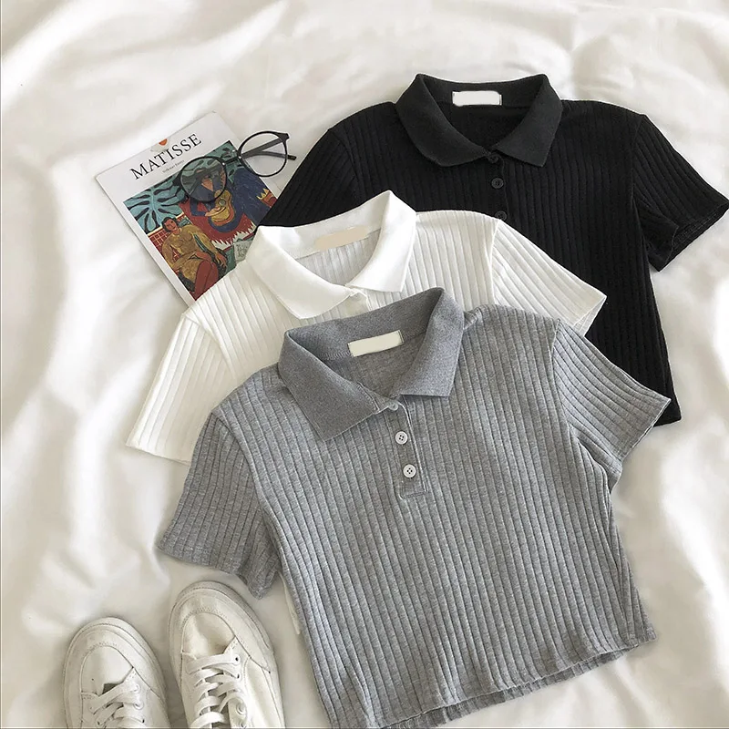 

Women Tshirt Crop Top harajuku vintage tops dropshipping tees kpop aesthetic korean style Short Sleeve Solid POLO kawaii clothes