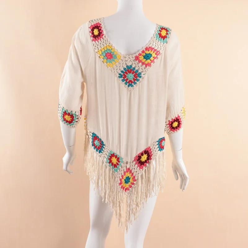 

Women Summer Beach Dress Swim Suit Cover Up Outings Beachwear For Flower Hollow Out Bikini Clothing Shirt Paisley Cotton Bathing