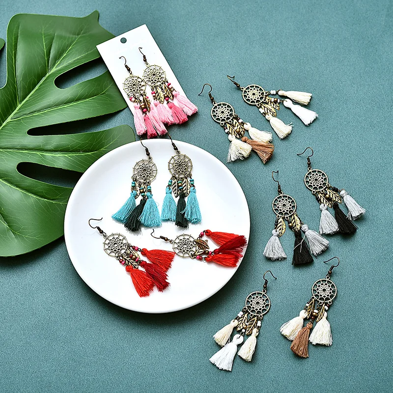 

Summer Dream Catcher Multicolor Tassel Earrings Women Inlay Leaf Metal Earrings Jewelry Accessories Pendientes Mujer