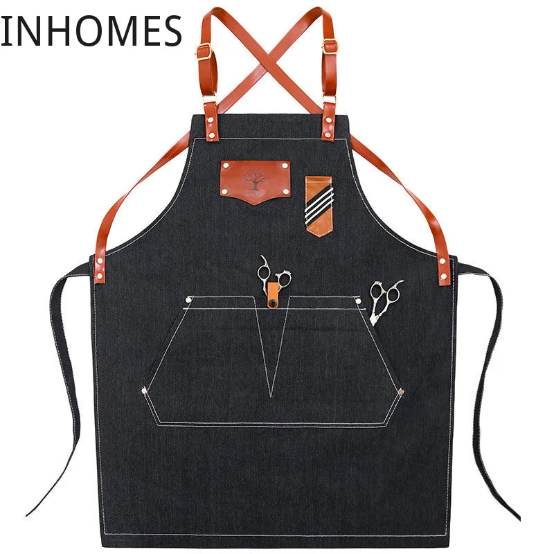 

Apron Work Denim Milk Coffee Barber Work Clothes Hair Stylist Perm Dyer Hairdressing Custom Logo delantal cocina dropshipping