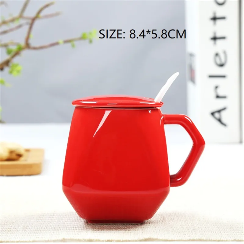 

220/380ml Ceramic Coffee Mugs with Lid spoon Gypsophila Diamond Shape Household Drinking Tea/Milk/Wine Letter Cups Novelty Gift