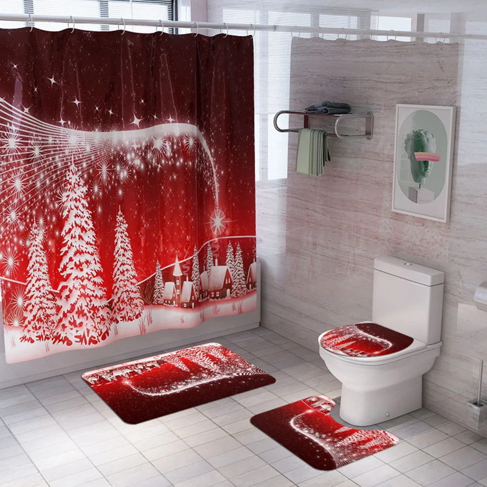

4 in 1 Christmas Scene Pattern Bathroom Pads Curtain Set Anti-slip Washroom Carpets Mat Waterproof Shower Curtain Toilet Seat Li
