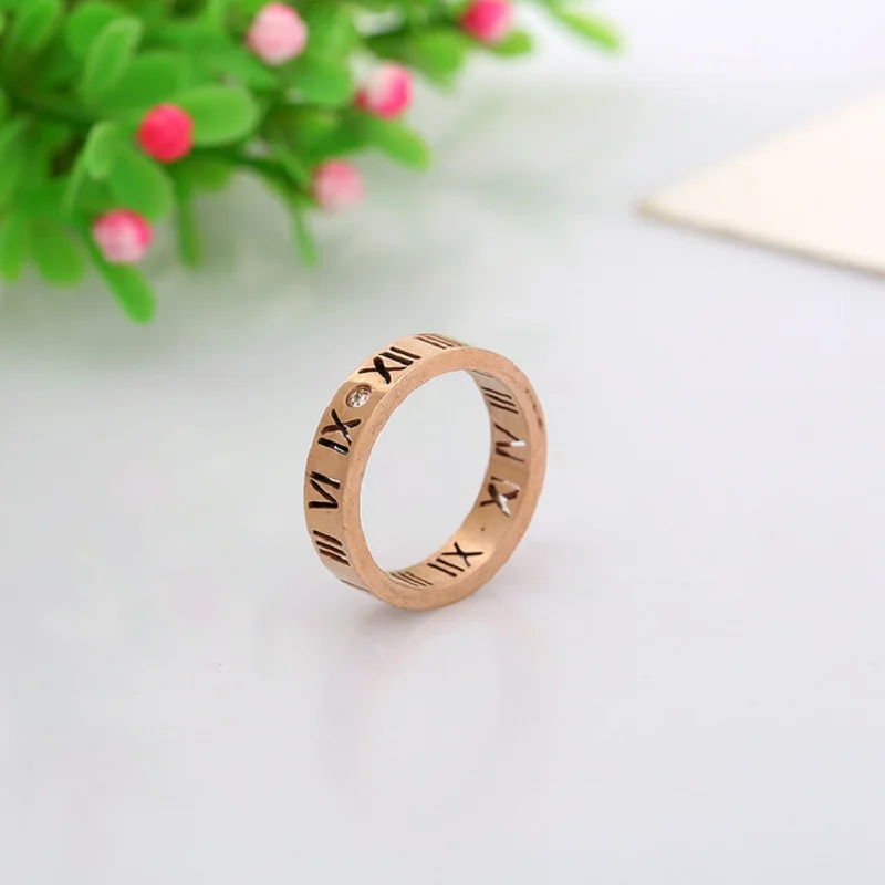 Rose gold Модные ювелирные изделия элегантный темперамент выдалбливают счастливые римские цифры покрытие из розового золота титановая сталь кольцо - Цвет основного камня: Rose gold