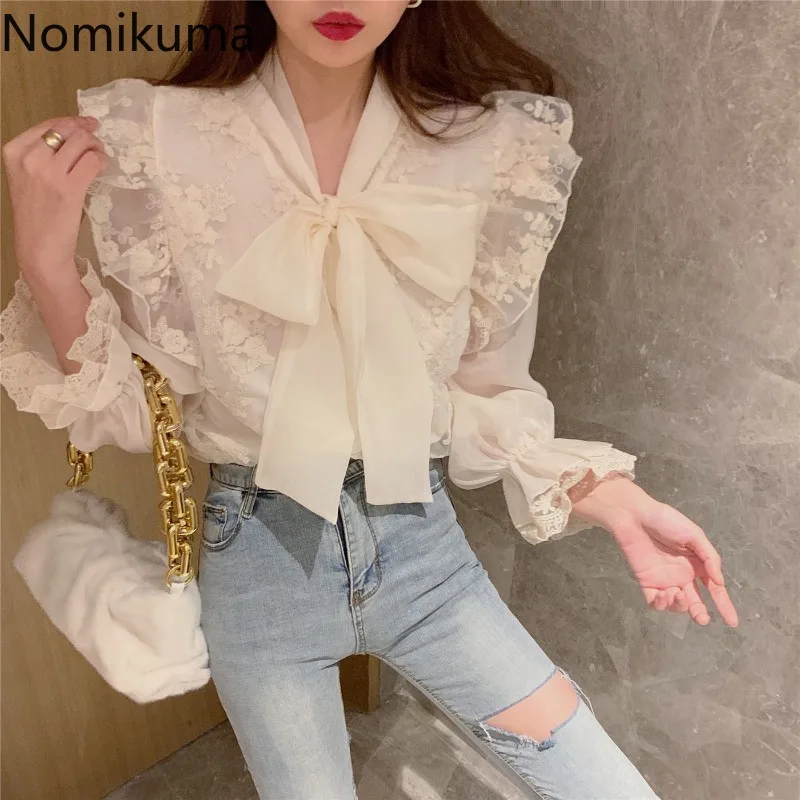 Корейские элегантные рубашки Nomikuma Женская кружевная Лоскутная Блузка с