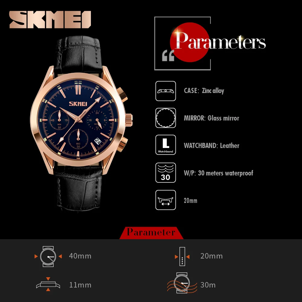 

SKMEI Men Quartz Watches Top Luxury Fashion Casual Mens Wristwatches 30M Water Resistant Date Time Leather Watch Man Clock 9127