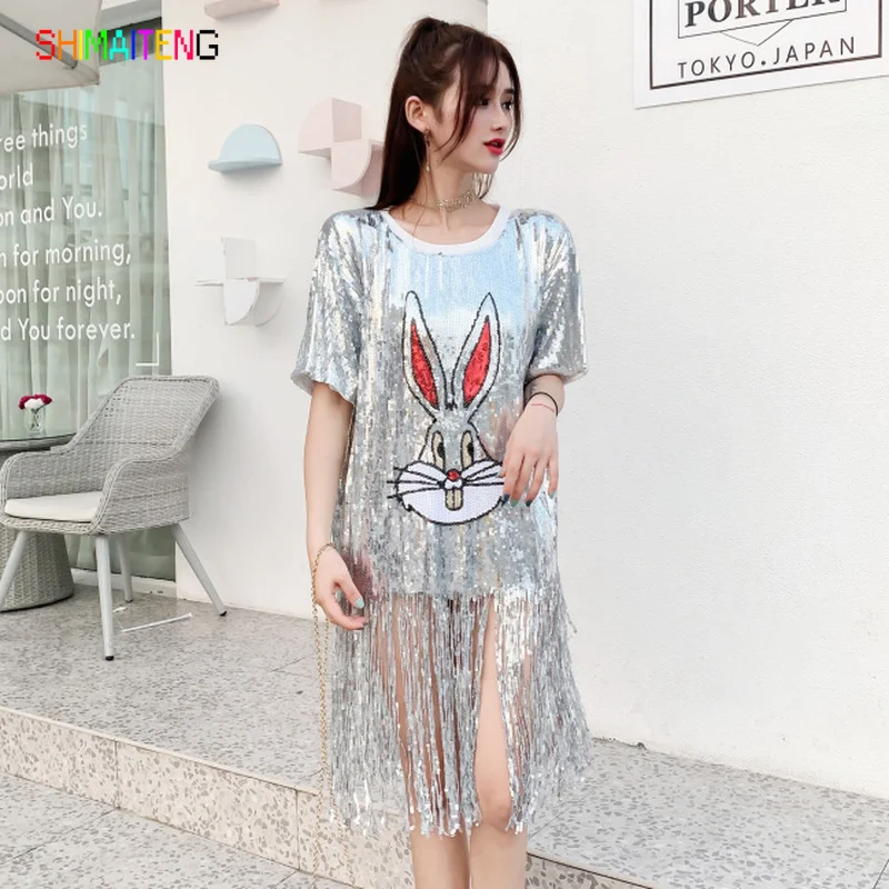 Новое летнее сексуальное платье с круглым вырезом серебряными блестками и