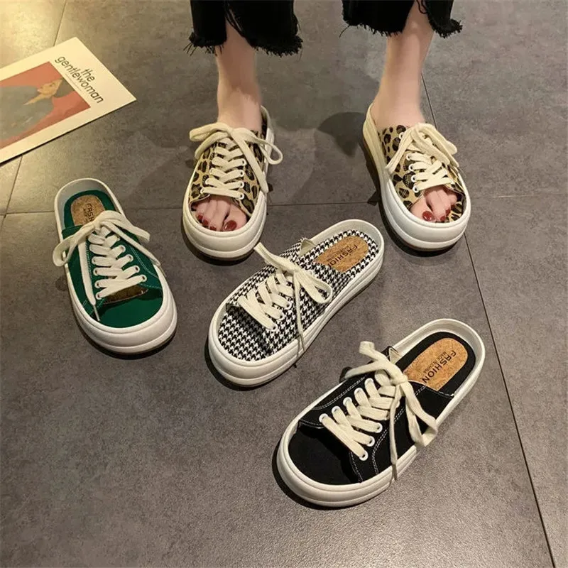 

Lazy Lace-up Canvas Slippers Summer Breathable Lace-up Women Beach Mules Korean Style Fashion All-match Platform Ladies Slippers