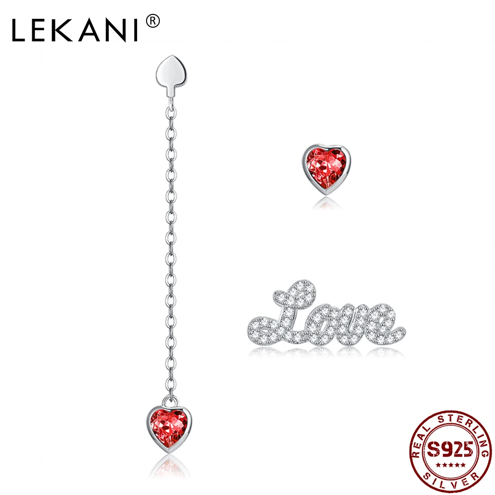 

LEKANI Sterling Silver 925 Jewelry Asymmetry Letter LOVE Heart Earrings Red Austria Crystal Stud Earring For Women Party Gift