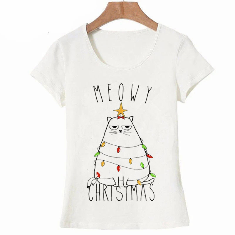 

2019 fashion Christmas t-shirt women funny Cartoon cat print ladies tops harajuku Christmas trees shirt summer chemise femme