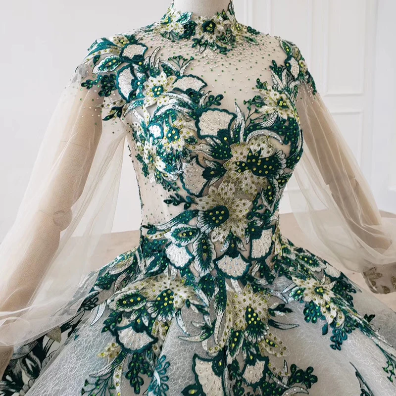 HTL1129 green flowers evening dress long sleeve high neck ball gown elegant formal dress evening gown luxury sukienki wieczorowe