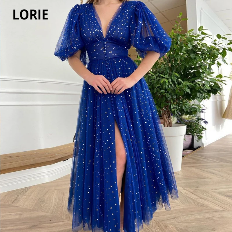 

LORIE Royal Blue Prom Dresses V-Neck Cap Sleeve Stary Short Sleeves Arabic Evening Dresses Tulle A-Line Celebrity Party Dress