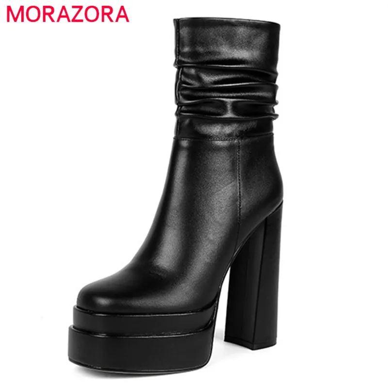 

MORAZORA 2022 Newest Sexy Super High Heels Platform Shoes Women Ankle Boots Square Toe Zip Pleated Autumn Winter Boots Woman