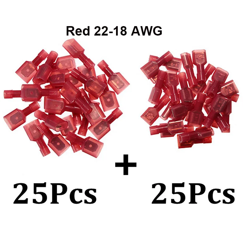 Red 22-18 AWG 50 шт./лот мужской и женский терминатор набор электрических разъемов терминал 16-14AWG синий полностью изолированный провод Кабельный разъем - Цвет: Red 22-18 AWG