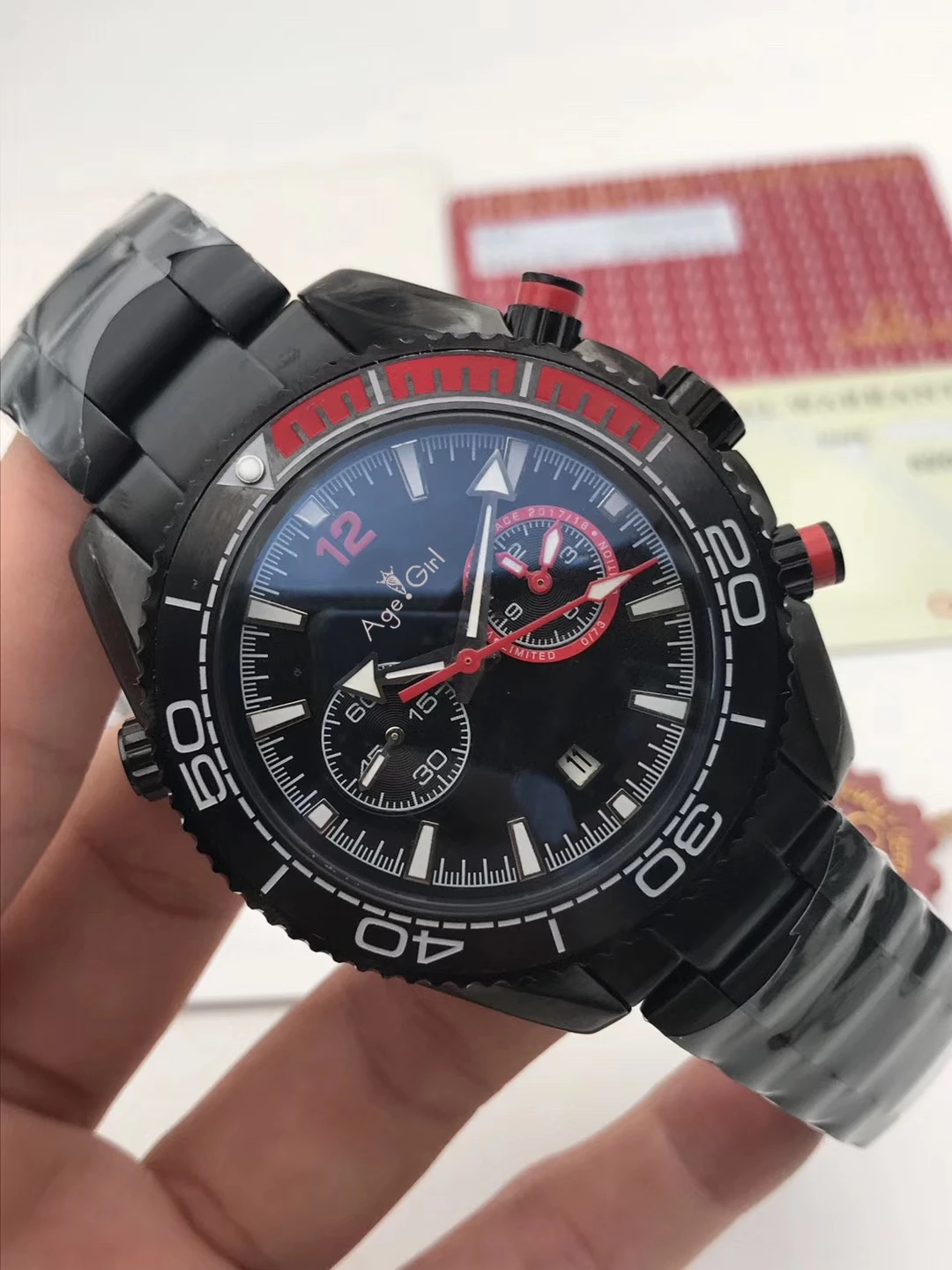 

Classic New Men Automatic Mechanical Stainless Steel Full Black Red James Bond 007 Sapphire Watches Ceramic Bezel