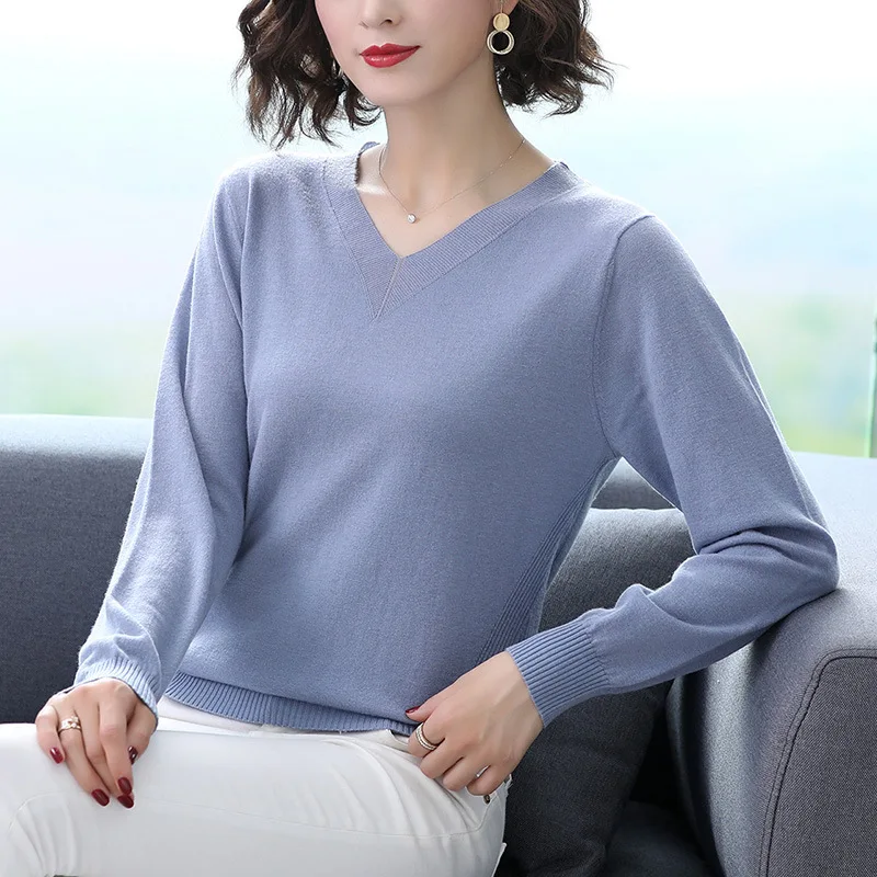 

2021 Spring Autumn V-Neck Long Sleeve Sweaters Women Solid Knitted Ladies Black Pullovers Thin Casual Tops