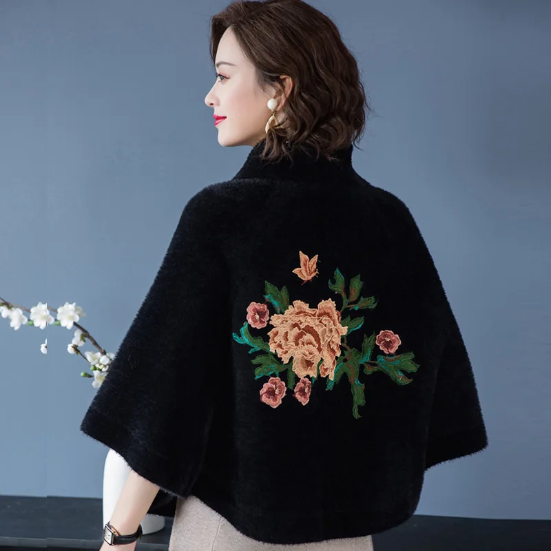 Женский трикотажный свитер-пончо однотонная короткая накидка в китайском стиле