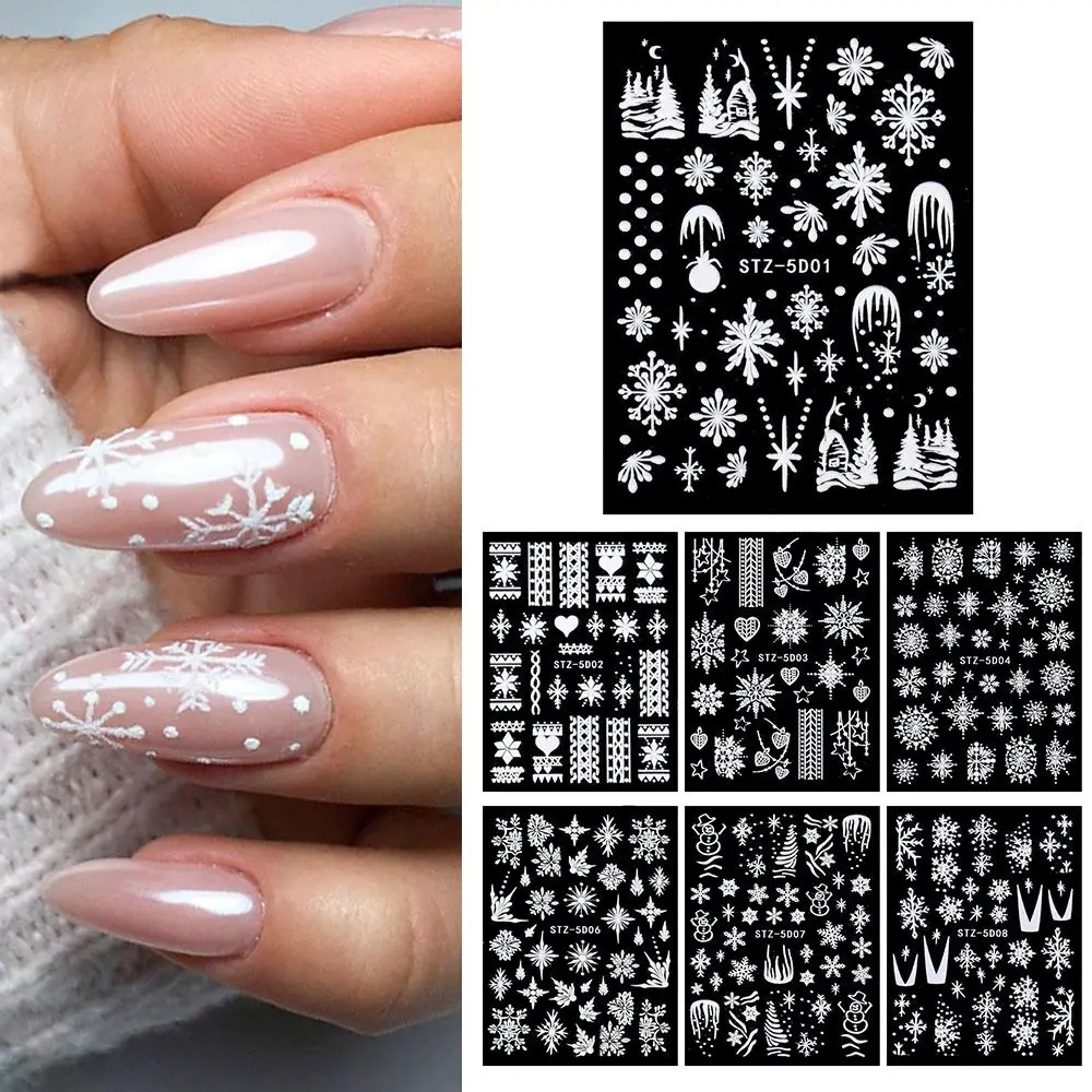 

Nail Art Decorations New Year Design White Charms Flower 5D Embossed Christmas Nail Sticker Snowflakes