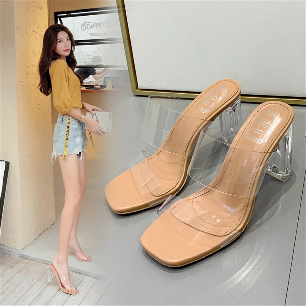 Летние женские босоножки на высоком каблуке 10 см с кристаллами прозрачные