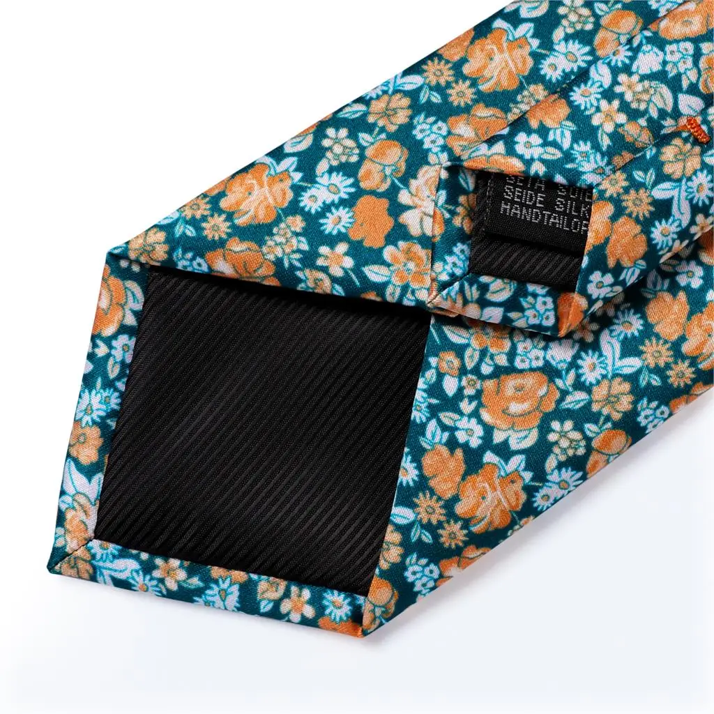 

Fashion Men's Necktie Green Orange Print Floral Wedding Tie For Men Hanky Cufflinks Silk Men Tie Set DiBanGu Designer MJ-7255