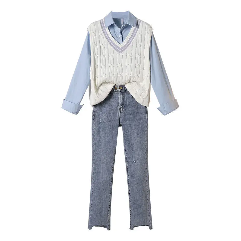 

3 Piece Plus Size 2XL Solid Shirts Sweet Vests Ankle Length Jeans Office Lady Womens Daily Casual Trendy Chic Women Sets Elegant