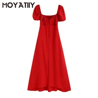moyatiiy women fashion with buttons midi dress luxry puff sleeves back pleate wine red dresses bar party wedding vestidos mujer