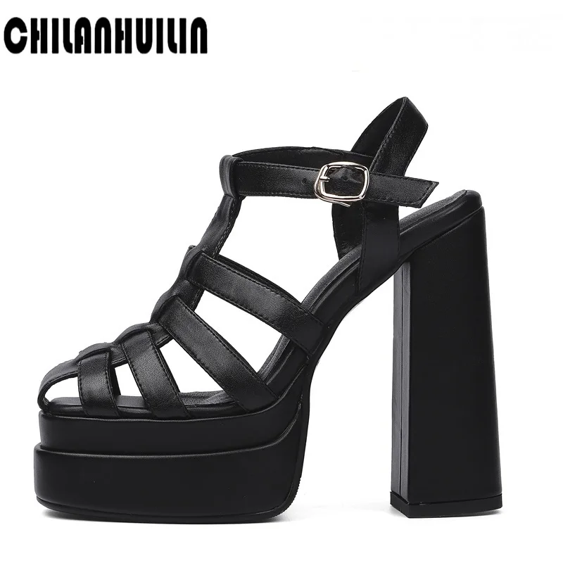 

summer fashion buckle platform sandals genuine leather party wedding shoes ladies high heels women pumps black white shoes pumps