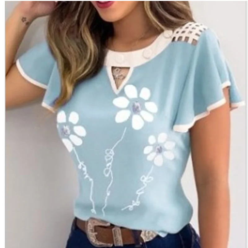 

Ruffle O-Neck Butterfly Short Sleeve Blouse Women Summer Flower Print Hollow Out Lace Tops AT0015