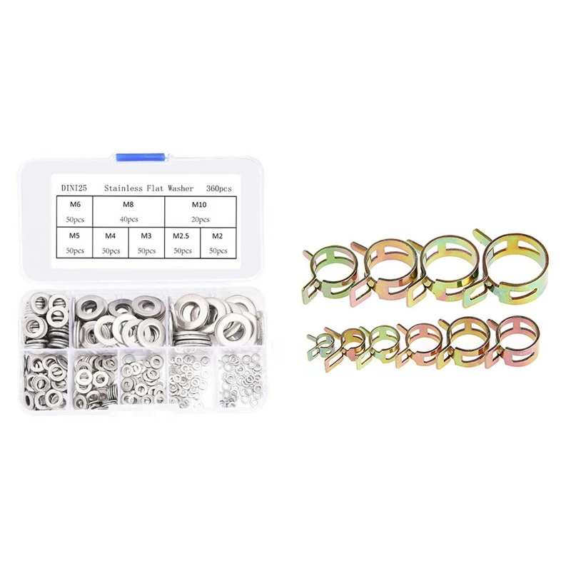 

360Pcs Stainless Steel Flat Washers Sealing Ring Washers Assortment Set With 100Pcs Water Pipe Air Tube Clamps Fastener