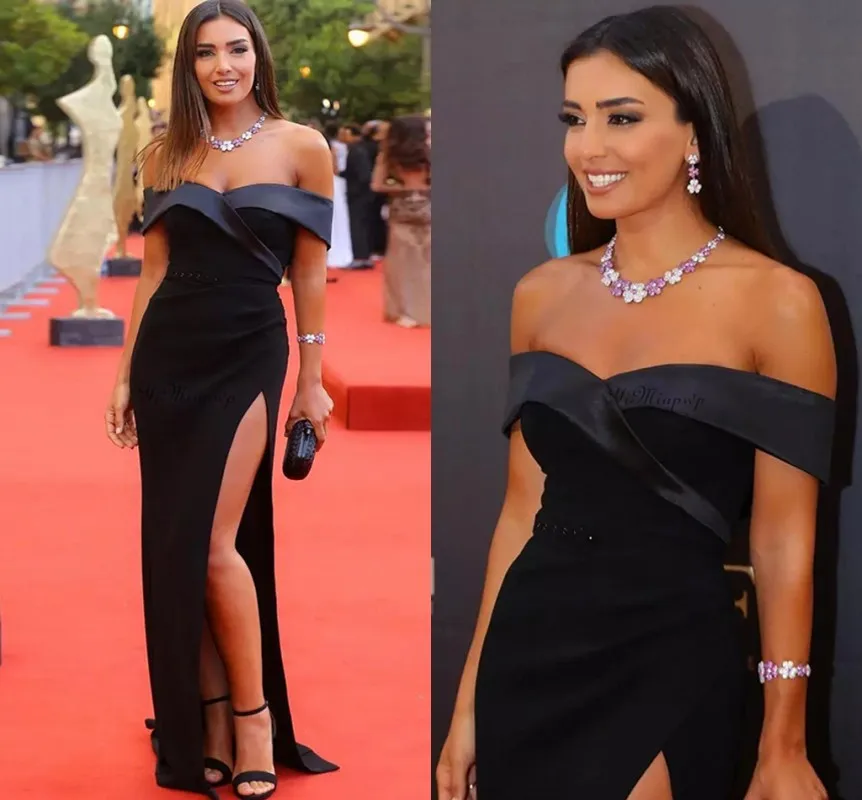 

Elegant Black Mermaid Evening Party Dress Off The Shoulder Satin Slit Floor Length Celebrity Prom Gown Robe De Soiree